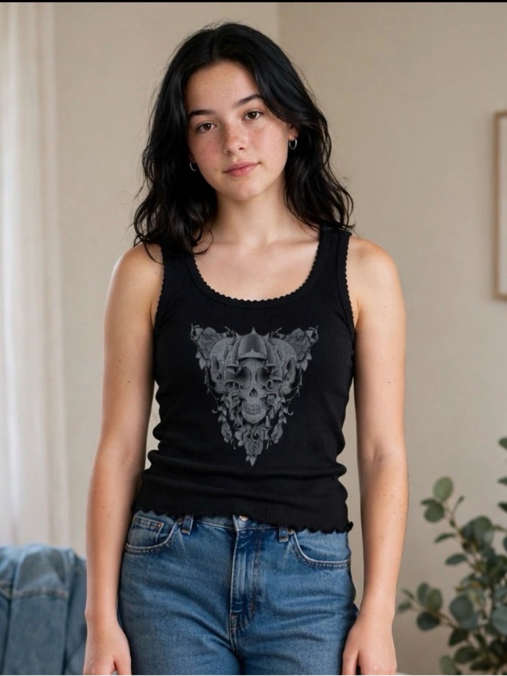RockSteady Y2K Black Ribbed Tank with Gray Black Skull Graphic- 2000s mall goth